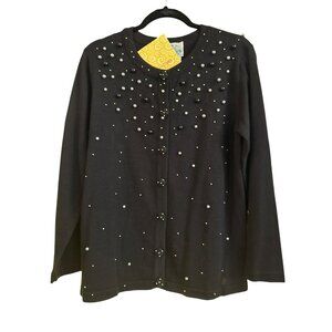 Quacker Factory Womens Medium Black Beaded Cardigan Sweater Pearls NWT